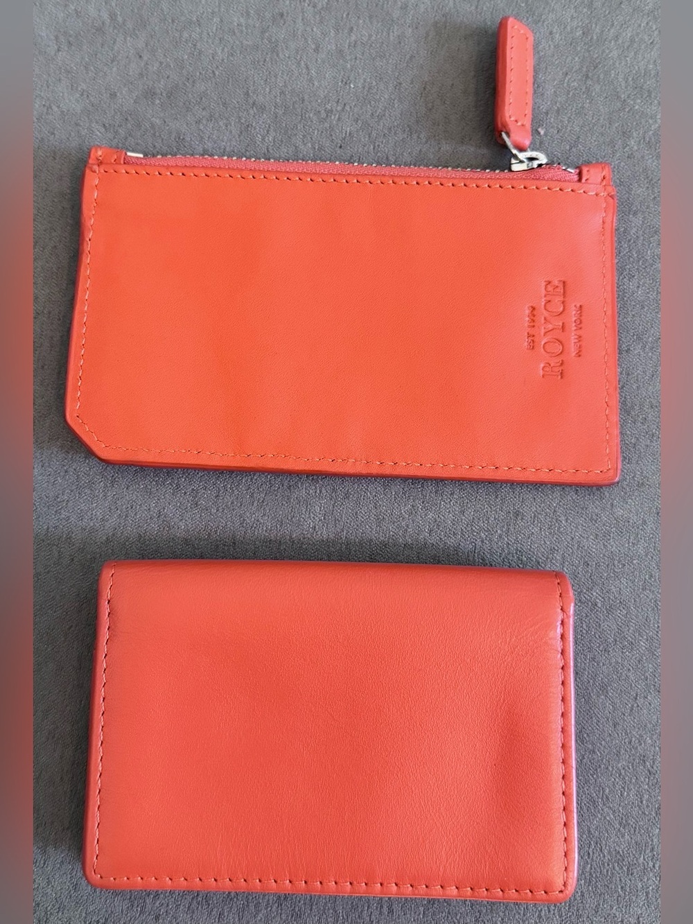 ROYCE New York Bright Orange Leather Card Holder and Zip Pouch Set